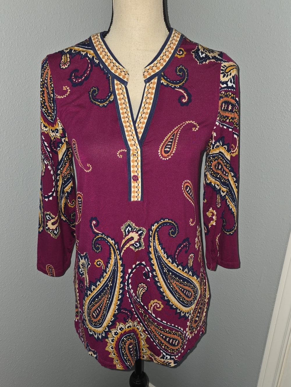 Nwt Soft Surroundings Magenta Paisley Split-Neck Tunic Sz XS